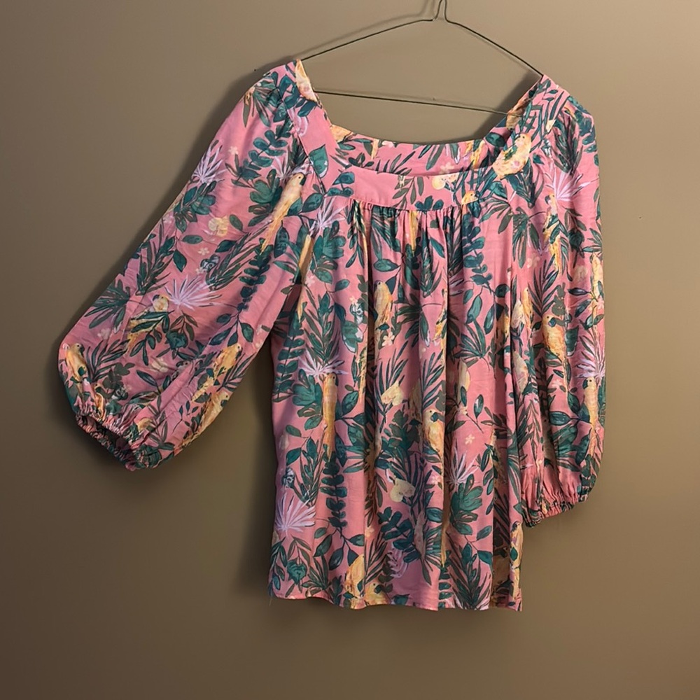 LC Lauren Conrad Pink and Green Bell Sleeve Blouse